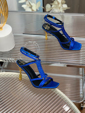 BALMAIN 25S MONETA SANDAL 95MM IN DARK BLUE CALFSKIN WITH CRYSTAL