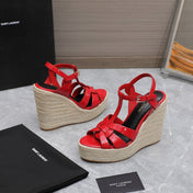 SL TRIBUTE WEDGE SANDALS CRIMSON POLISHED CALFSKIN