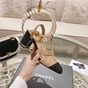 Double C  Heeled Sandals Tan Cream Lambskin