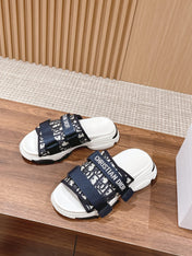 DIOR PLATFORM SLIDES 25S 30 MM IN MIDNIGHT BLUE MIX WHITE FABRIC AND CALFSKIN