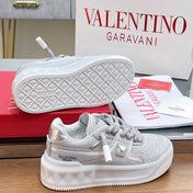VALENTINO 25S GARAVANI ONE STUD XL PLATFORM SNEAKERS IN SILVER GLITTER FABRIC AND LAMBSKIN
