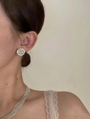 CHANEL 26S DOUBLE C LOGO ROUND WHITE RESIN STUD EARRINGS IN GOLD METAL 633348