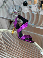 BALMAIN 25S HIGH HEEL SANDALS 95MM IN ROYAL PURPLE GLOSSY CALFSKIN