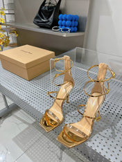 GIANVITO ROSSI 26S SQUARE-TOE HIGH-HEEL SANDALS 105 MM IN GOLD PATENT CALFSKIN