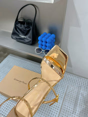 GIANVITO ROSSI 26S SQUARE-TOE HIGH-HEEL SANDALS 105 MM IN GOLD PATENT CALFSKIN