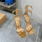 GIANVITO ROSSI 26S SQUARE-TOE HIGH-HEEL SANDALS 105 MM IN GOLD PATENT CALFSKIN