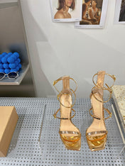 GIANVITO ROSSI 26S SQUARE-TOE HIGH-HEEL SANDALS 105 MM IN GOLD PATENT CALFSKIN
