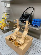 GIANVITO ROSSI 26S SQUARE-TOE HIGH-HEEL SANDALS 105 MM IN GOLD PATENT CALFSKIN