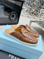 PRA OSTRICH PATTERN MULES CARAMEL CALFSKIN