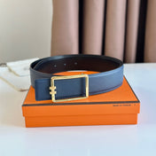 HM TUBE H BELT BUCKLE & REVERSIBLE BLACK AND AEGEAN BLUE LEATHER STRAP 38MM GOLD HARDWARE