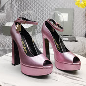 PADLOCK PLATFORM PEEP TOE PUMP 14 CM IN WATERMELON PINK GRAINED CALFSKIN