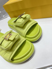 FENDI BAGUETTE SLIPPERS IN PEAR GREEN LAMBSKIN WITH GOLD HARDWARE