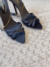 CROSS STRAP HIGH HEEL IN BLACK SILK GOLD CHAIN