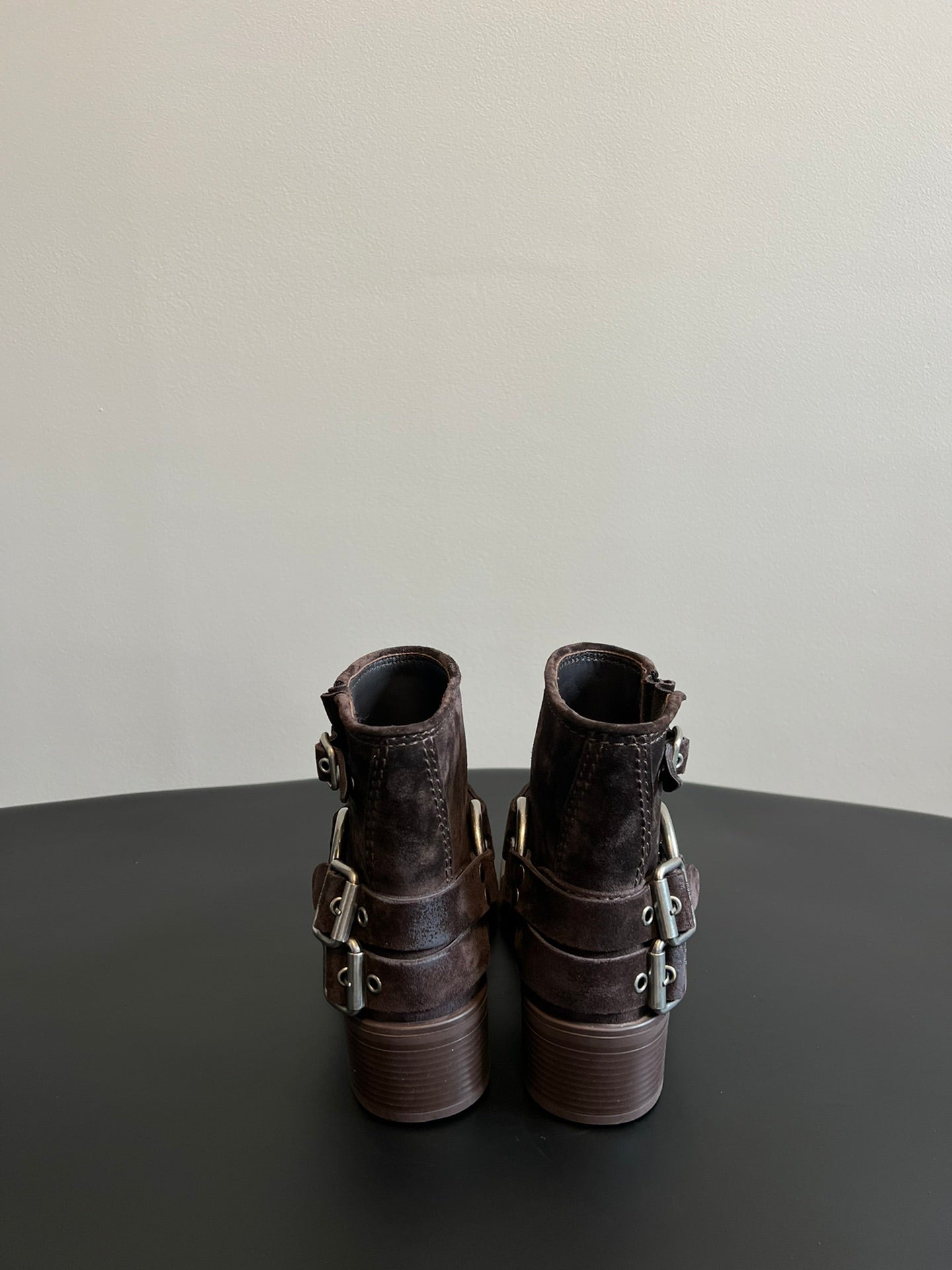 MIUMIU 26S ANKLE BOOTS IN DARK BROWN SUEDE SILVER HARDWARE