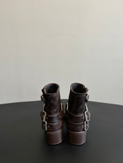 MIUMIU 26S ANKLE BOOTS IN DARK BROWN SUEDE SILVER HARDWARE