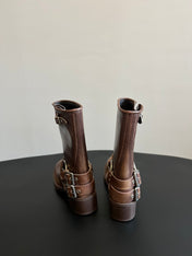 MIUMIU 26S MID-CALF BOOTS IN BROWN CALFSKIN SILVER HARDWARE