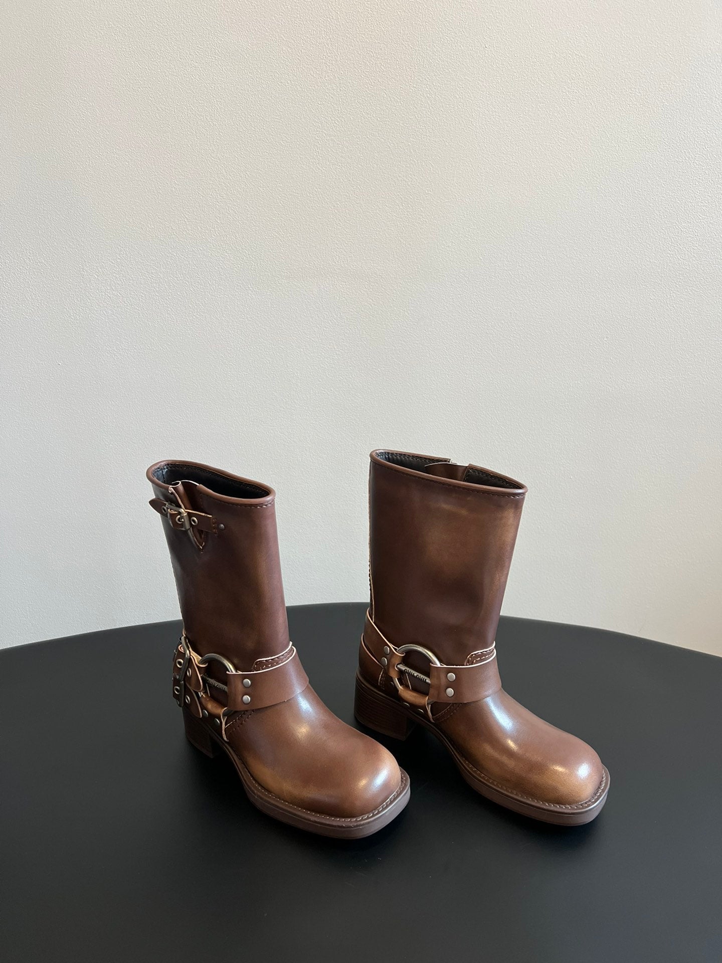 MIUMIU 26S MID-CALF BOOTS IN BROWN CALFSKIN SILVER HARDWARE