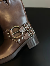 MIUMIU 26S MID-CALF BOOTS IN BROWN CALFSKIN SILVER HARDWARE