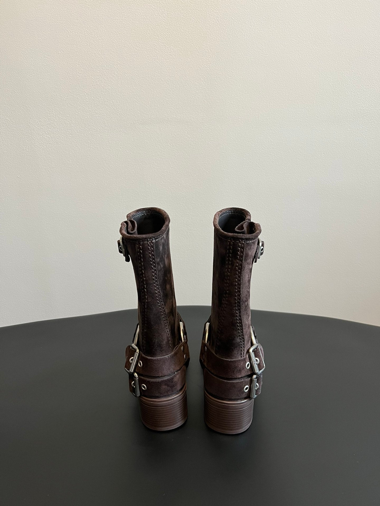 MIUMIU 26S MID-CALF BOOTS IN DARK BROWN SUEDE SILVER HARDWARE