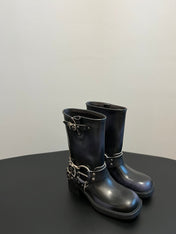 MIUMIU 26S MID-CALF BOOTS IN BLACK CALFSKIN SILVER HARDWARE