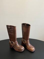 MIUMIU 26S KNEE-HIGH BOOTS IN BROWN CALFSKIN SILVER HARDWARE