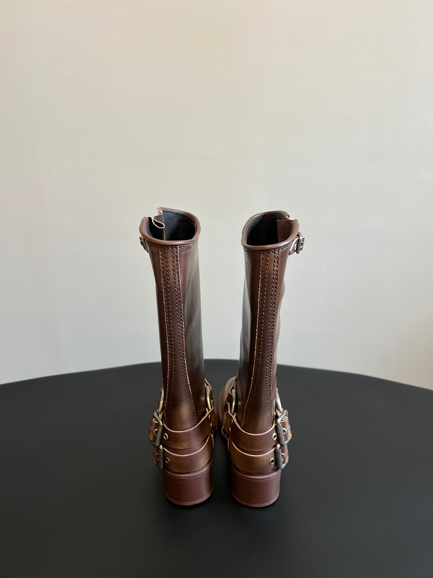 MIUMIU 26S KNEE-HIGH BOOTS IN BROWN CALFSKIN SILVER HARDWARE