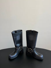 MIUMIU 26S KNEE-HIGH BOOTS IN BLACK CALFSKIN SILVER HARDWARE