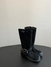 MIUMIU 26S KNEE-HIGH BOOTS IN BLACK SUEDE SILVER HARDWARE
