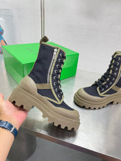 RIBBON BOMBER LACE-UP BOOTS IN BLACK MIX OLIVE GREEN CANVAS