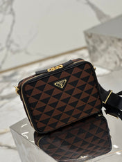 MESSENGER BAG 22 IN BLACK AND BROWN EMBROIDERED FABRIC GOLD HARDWARE
