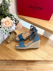 VALENTINO 26S WEDGE SANDALS IN BLUE CALFSKIN