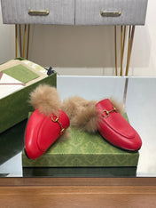 HORSEBIT MULE IN CHERRY RED CALFSKIN AND LAMB WOOL LINING