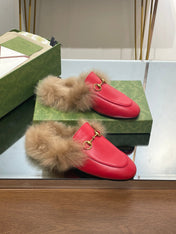 HORSEBIT MULE IN CHERRY RED CALFSKIN AND LAMB WOOL LINING