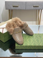 HORSEBIT MULE IN PEANUT BROWN CALFSKIN AND LAMB WOOL LINING