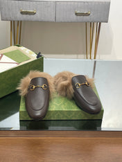 HORSEBIT MULE IN MOCHA BROWN CALFSKIN AND LAMB WOOL LINING