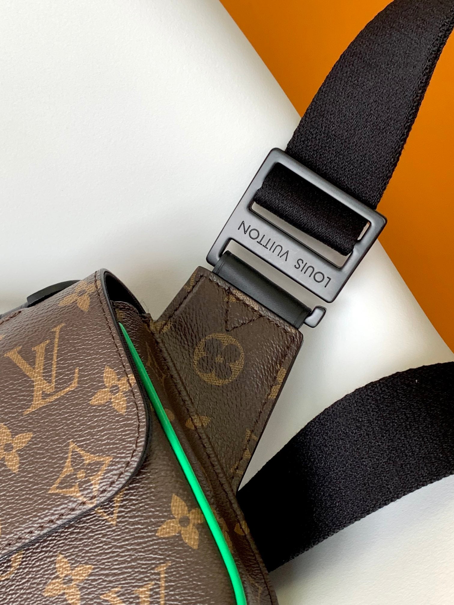 LV 25S S LOCK MESSENGER BAG 21 IN NEON JADE AND BROWN MONOGRAM MACASSAR CALFSKIN