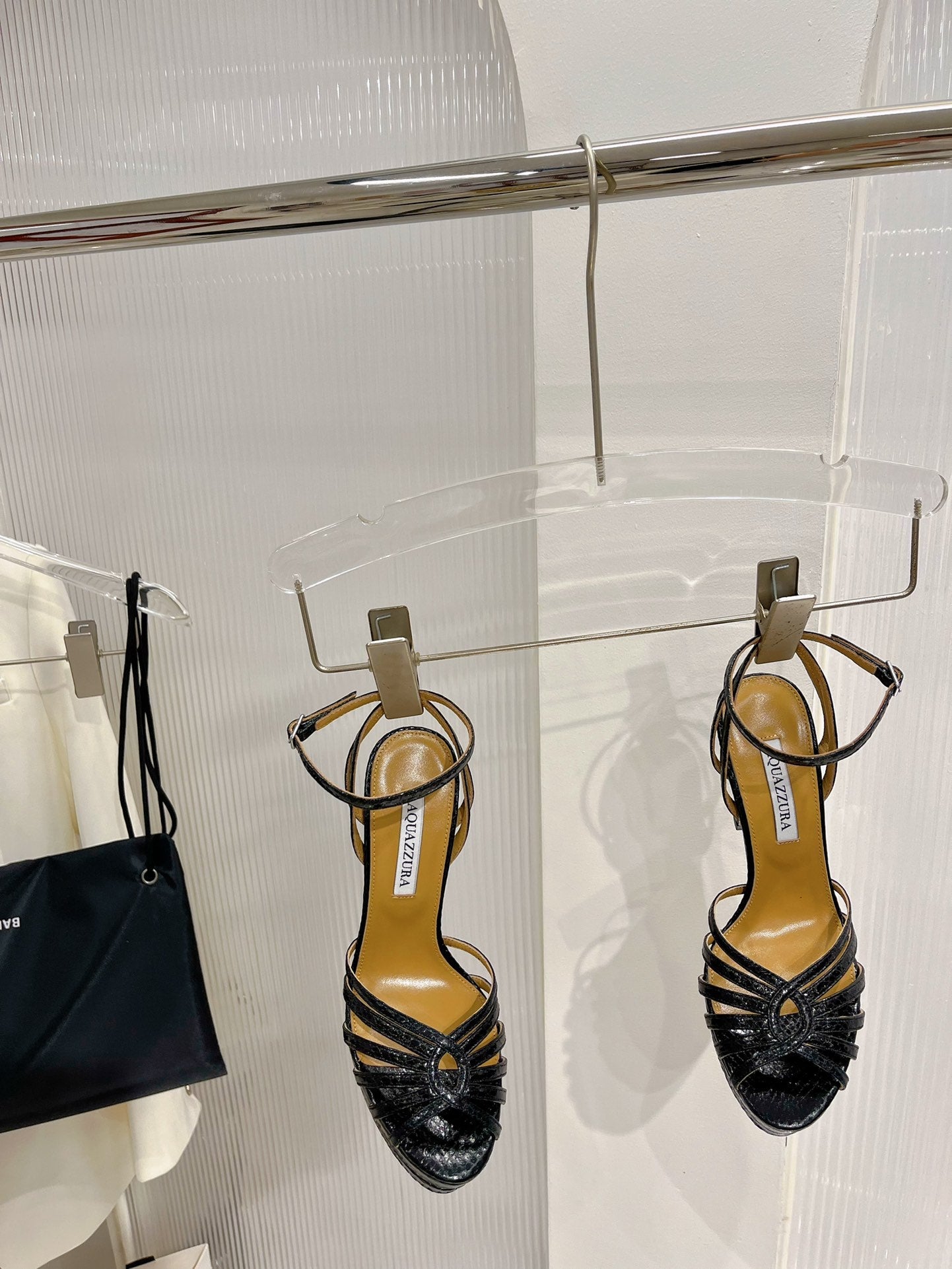 AQUAZZURA 26S HEELED SANDALS 130 MM IN BLACK SNAKE-EMBOSSED LEATHER
