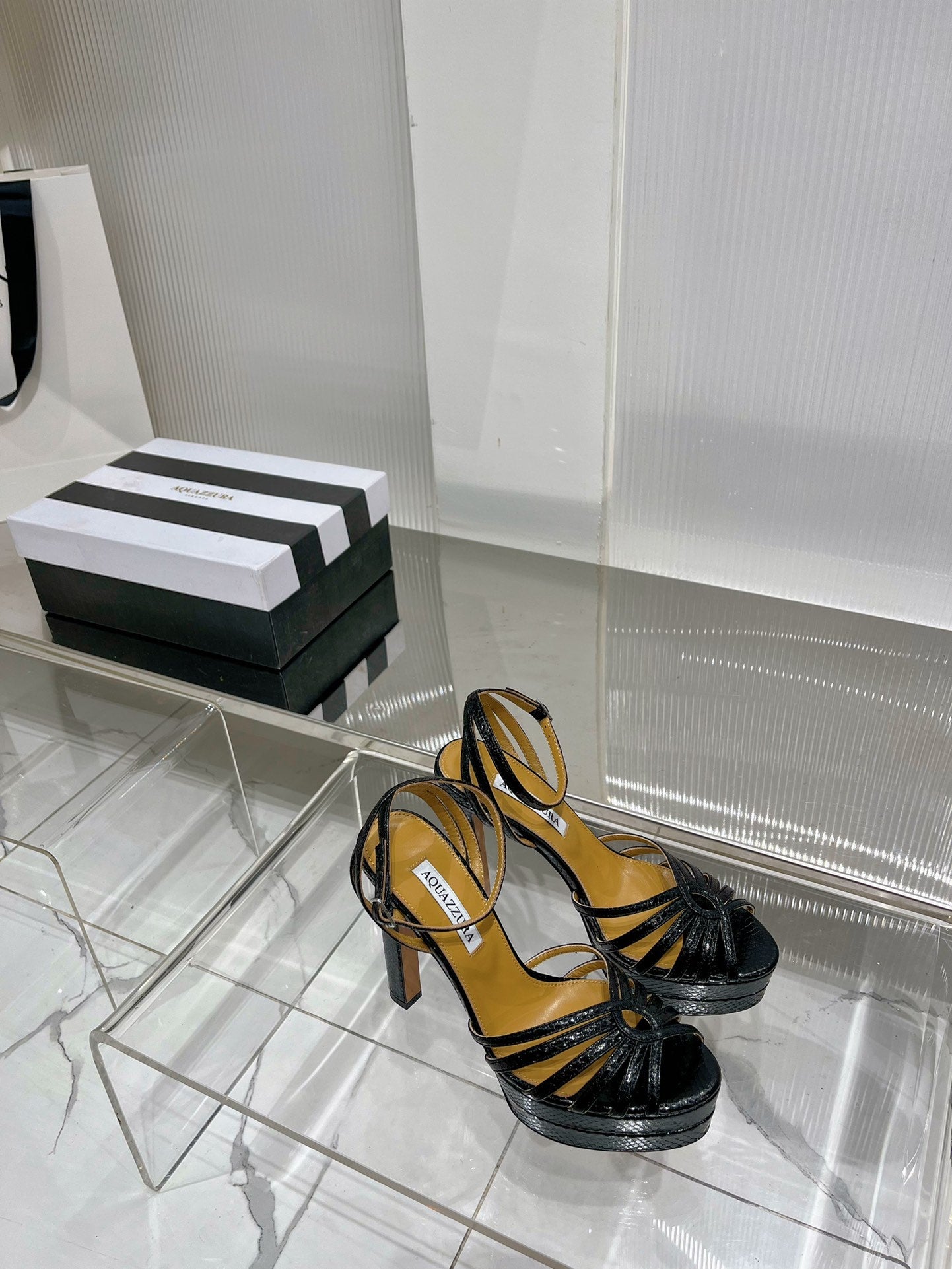 AQUAZZURA 26S HEELED SANDALS 130 MM IN BLACK SNAKE-EMBOSSED LEATHER