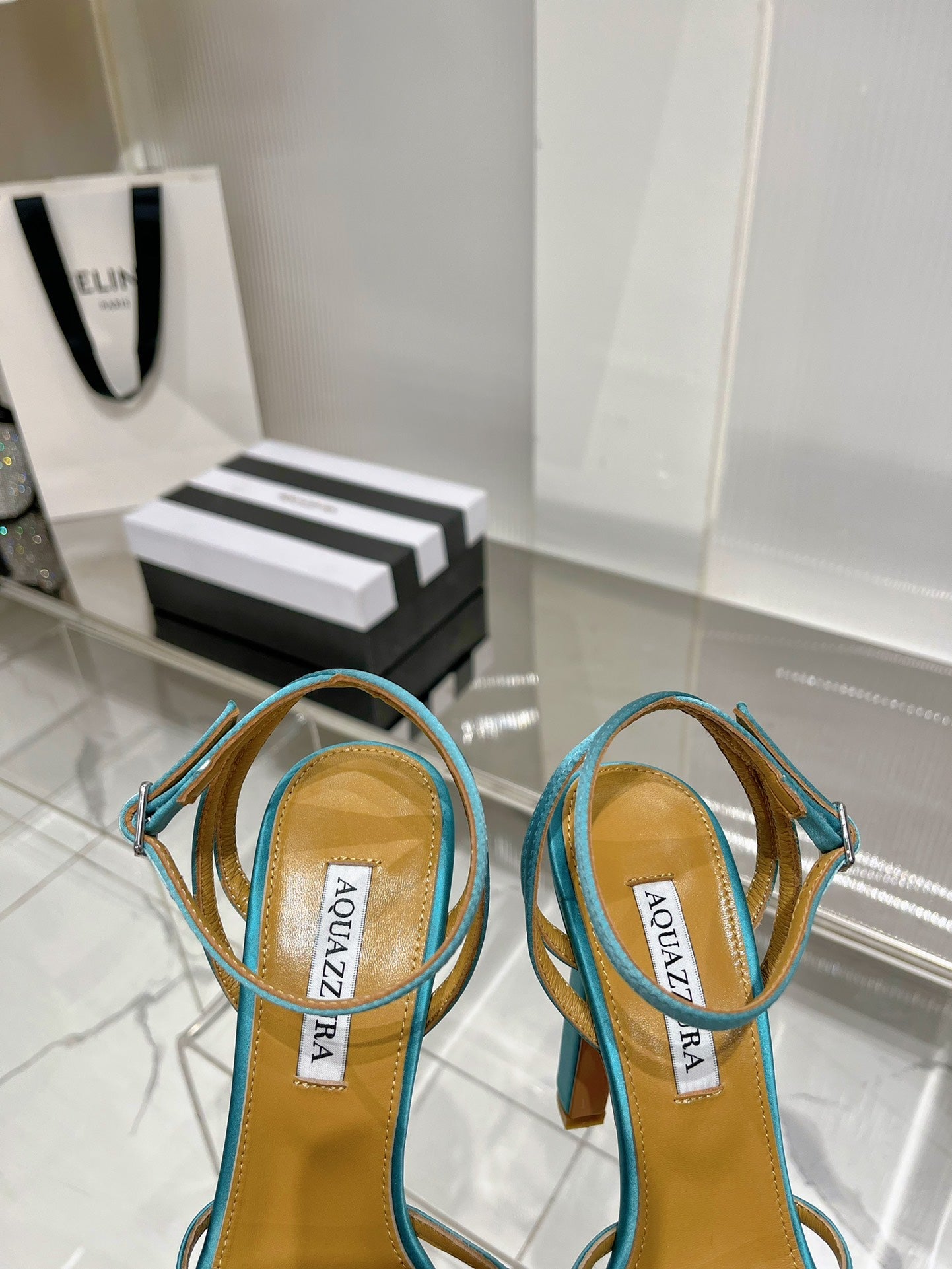 AQUAZZURA 26S HEELED SANDALS 130 MM IN TEAL BLUE SATIN