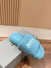 FURRY SLIDES IN SKY BLUE CURLY SHEARLING