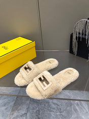 FENDI BAGUETTE SLIDE SLIPPERS IN BEIGE WOOL