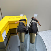FENDI DELFINA HIGH-HEELED 85 MM SANDAL IN BLACK MONOGRAM FF CANVAS