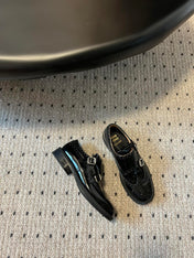 MIUMIU 26S CHURCH BROGUE MONK STRAP SHOES IN BLACK PATENT CALFSKIN