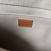 LAGRE WOODY TOTE BAG 45 IN BEIGE LINEN CANVAS WEBBING LOGO EMBROIDERY BROWN CALFSKIN