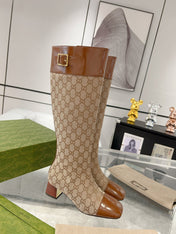 GG KNEE BOOTS IN BRONZE BROWN MONOGRAM CANVAS AND GLOSSY SHEEPSKIN