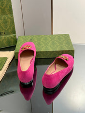 BLONDIE LOGO-PLAQUE LOAFERS IN FUSCIA PINK SUEDE WITH GOLD HARDWARE