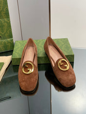 BLONDIE LOGO-PLAQUE LOAFERS IN BRONZE BROWN SUEDE WITH GOLD HARDWARE