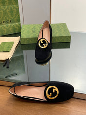 BLONDIE LOGO-PLAQUE LOAFERS IN BLACK SUEDE WITH GOLD HARDWARE
