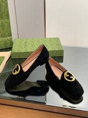 BLONDIE LOGO-PLAQUE LOAFERS IN BLACK SUEDE WITH GOLD HARDWARE