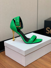 BALMAIN 25S SQUARE STRAP HIGH HEELS 100MM IN GREEN PATENT CALFSKIN